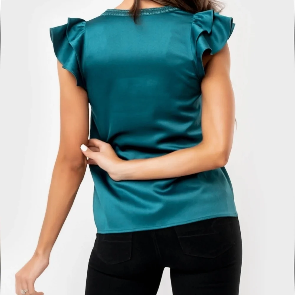 Teal Ruffle Sleeve V-Neck Blouse - Picture 6 of 7